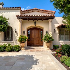 Cozy entrance of a warm-toned stucco house, with a tiled roof and manicured landscaping under a bright blue sky