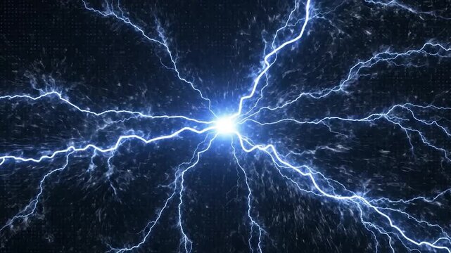 Blue electrical lightning bolts striking from a central point.