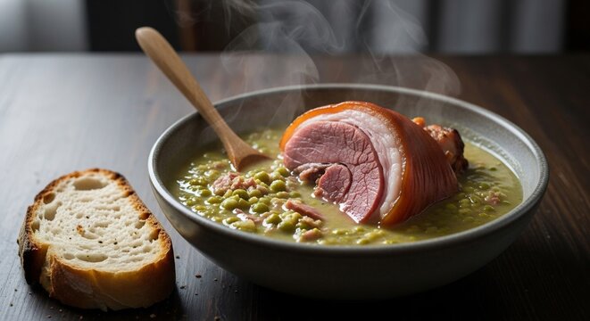Hearty Split Pea Soup with Smoked Ham Hock and Crusty Bread.