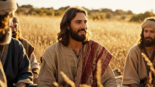 Arab man actively speaking and gesturing to a group of men in a sun-drenched golden field, conveying a message during golden hour