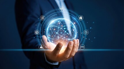 Fototapeta premium Digital networking, global connection, technology, businessman, internet of things, smart home, artificial intelligence representing futuristic digital transformation and global business innovation.