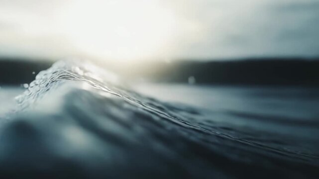 Dark blue ocean wave cresting with smooth, powerful motion as sunlight pierces the surface, casting bright highlights on flowing water, foam, and dynamic texture