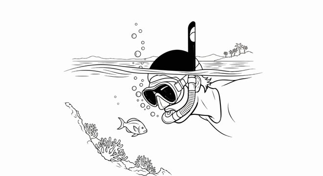 Person snorkeling encounters a fish and coral reef under the ocean surface