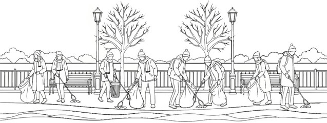 Obraz premium People cleaning a park in winter, collecting litter in bags