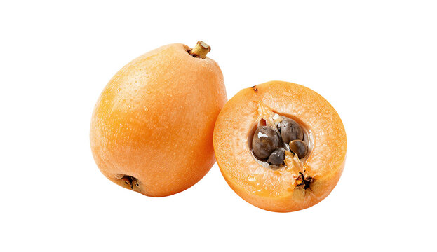 Whole and Half Loquat Cut Lengthwise Showing Seeds Isolated