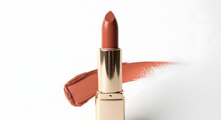 Elegant lipstick tube with a swatch of nude shade isolated on white background perfect for beauty and cosmetic advertising