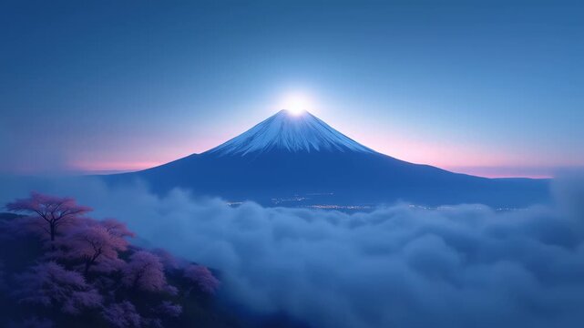 Mount fuji rising above clouds at dawn with glowing peak, scenic mountain landscape with pink and blue sky, concept of japanese culture, travel destinations