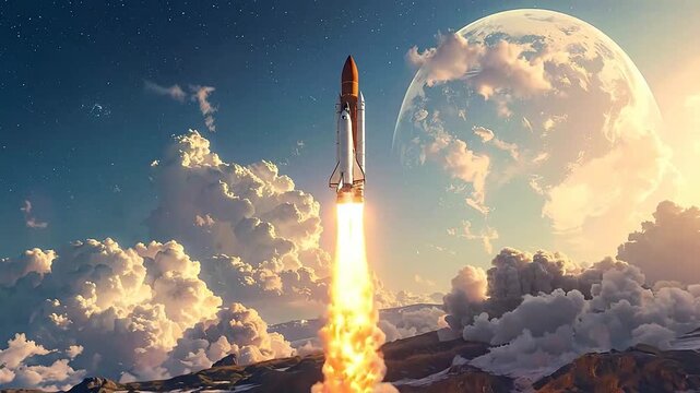 A powerful et blasts off into space, leaving a trail of fire.