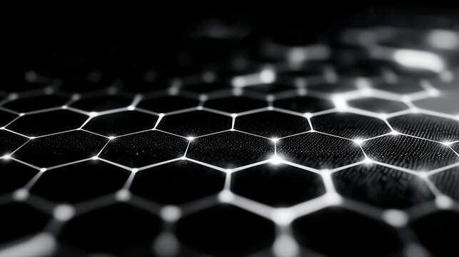 Black hexagonal grid with glowing white connections and blurred background.