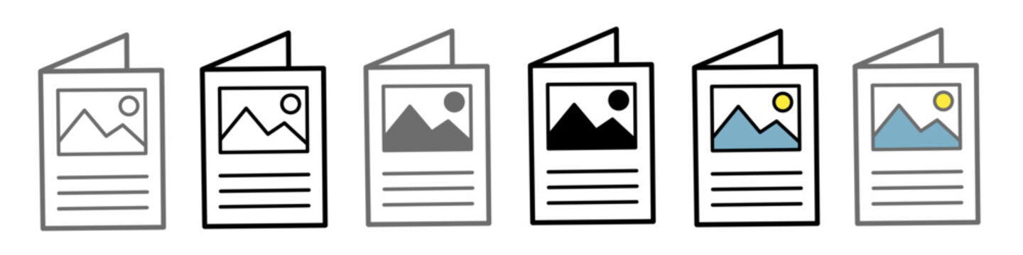Flyer icons featuring landscape placeholders and folded paper layouts in multiple design styles for professional marketing and branding