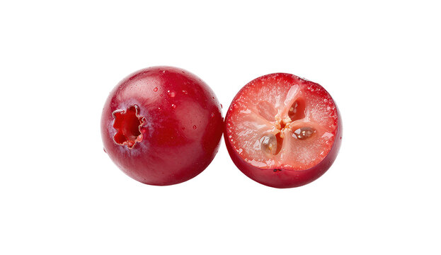 Whole and Half Lingonberry Cut Showing Juicy Interior Isolated