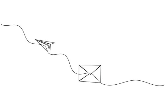 Paper plane flying open envelope continuous one line art style outline vector icon