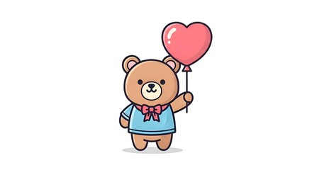 Sweet cartoon teddy bear wearing a blue shirt and holding a heart balloon. Perfect for Valentine&rsquo;s Day cards, children&rsquo;s prints, stickers, and romantic themed designs.
