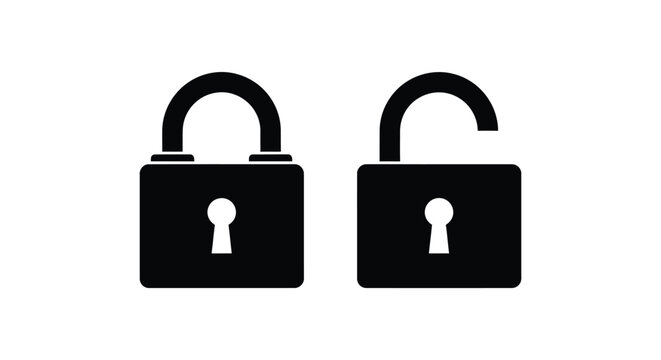 Black silhouette icons of one locked and one unlocked padlock hardware illustrating security status changes