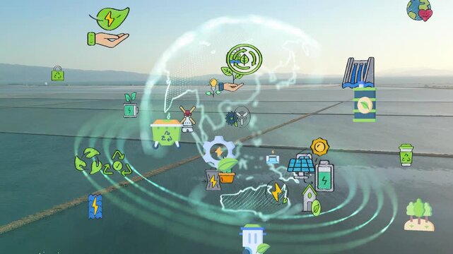 Aerial Coastline Digital Sustainability Icons Globe Outline With Animated Solar And Wind Symbols, Visualizing