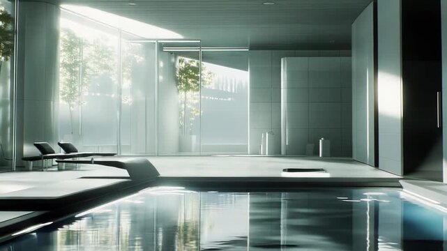 Serene indoor pool area featuring a sleek minimalist design, sun loungers, and expansive windows allowing natural light to illuminate the tranquil water, creating a relaxing spa environment