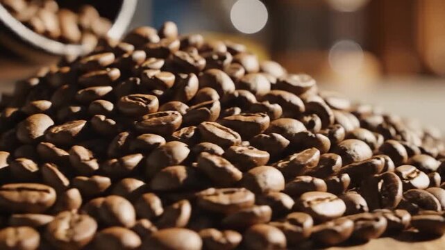 A close-up shot of aromatic roasted coffee beans spilling onto a wooden