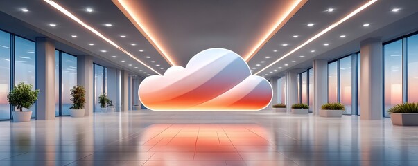 Fototapeta premium Cloud icon floating above glowing data center hallway in futuristic tech scene with modern lighting architecture