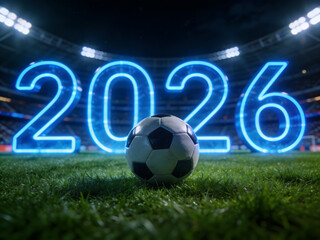 Fototapeta premium Soccer Ball And Neon 2026 Numbers On A Stadium Field At Night football