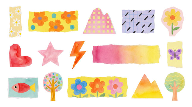 A collection of 18 colorful watercolor-style ripped paper shapes and elements including flowers, stars, mountains, and abstract patterns, featuring a vibrant palette of pink, yellow, orange