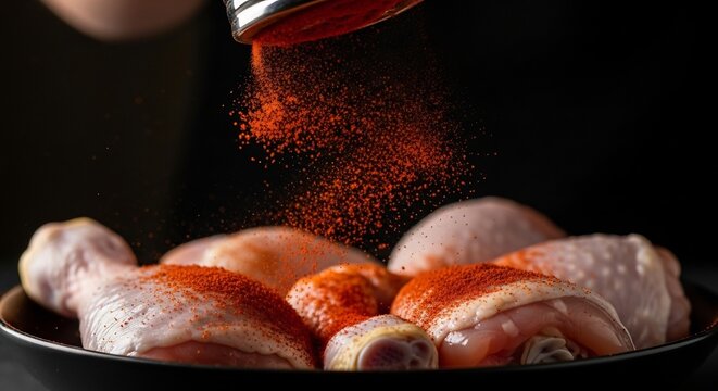 Seasoning Raw Chicken Drumsticks with Paprika for Cooking.