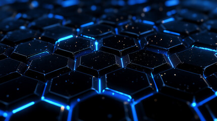 Obraz premium Glowing blue hexagonal grid pattern with neon lights.