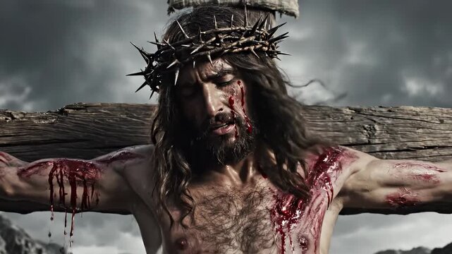 Middle Eastern Man Enduring Suffering on Wooden Cross Under Stormy Mountain Sky