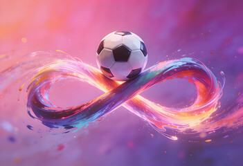 Naklejka premium Soccer ball balanced on a colorful infinity symbol with paint splashes football endless