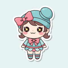 Fototapeta premium Kawaii cartoon girl sticker with pink bow and blue hat