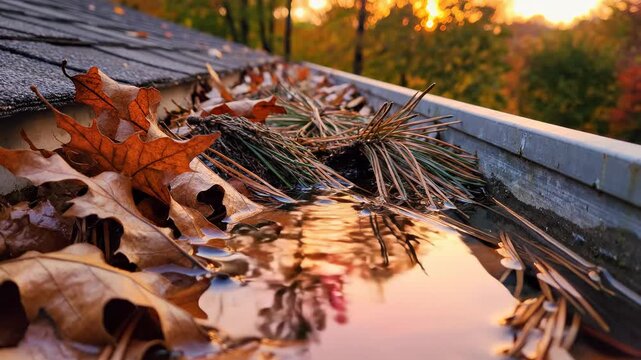 Autumn leaves and pine needles collected in a gutter reflecting golden sunset light on water