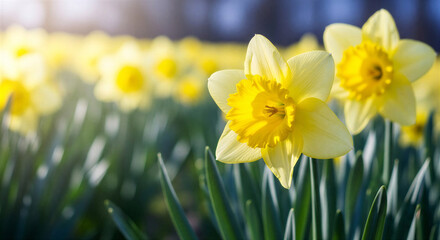 Bright yellow daffodils blooming in spring sunlight in garden  