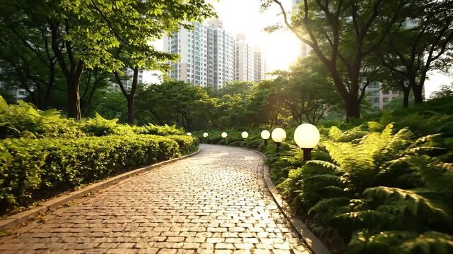 A winding cobblestone path through a vibrant green park at sunset