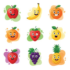 Colorful cartoon fruit icons with smiling faces