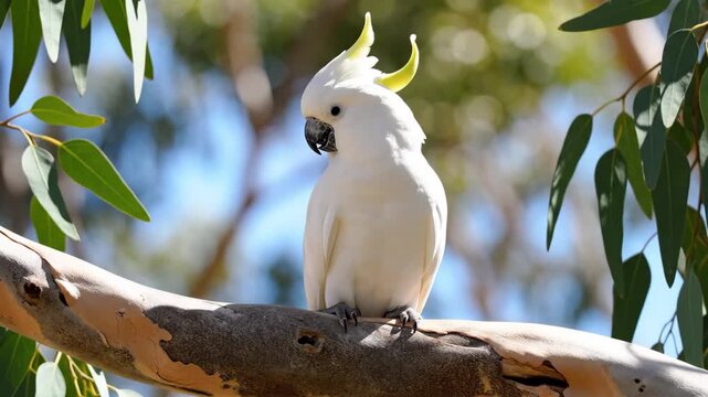 A beautiful white cockatoo with a yellow crest perched on a tree branch, looking to the side.