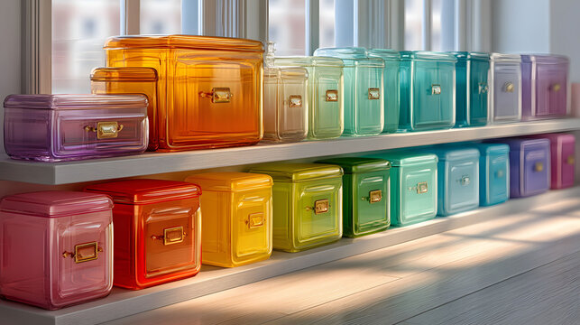 Vibrant glass containers in various colors are neatly arranged on white shelves. sunlight filters through large windows, casting colorful reflections on the floor, creating a bright and cheerful atmos