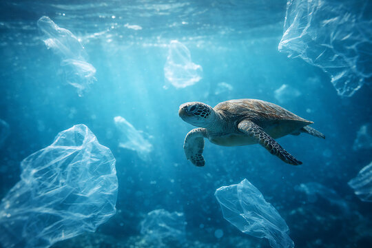 A sea turtle swimming amid discarded plastic bags, highlighting the impact of pollution in the ocean