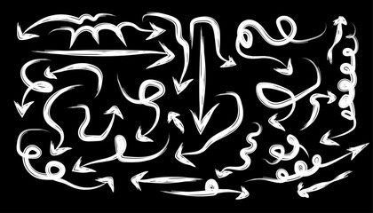 White Hand Drawn Arrow Set on Black Background, Doodle Direction Arrows Collection, Curved and Swirl Sketch Navigation Symbols