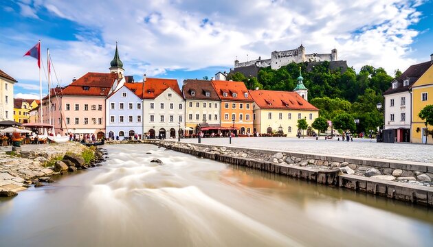 European city view with colorful buildings, castle on hill, flowing river, and cloudy skies