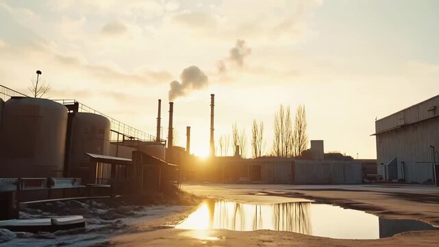 Industrial facility featuring numerous factory chimneys polluting the environment with smoke illuminated by the setting sun during an atmospheric autumn or winter evening