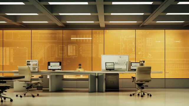 Modern office interior with multiple desks, computer monitors, and chairs, featuring a large back wall displaying architectural or engineering schematics illuminated by warm amber light