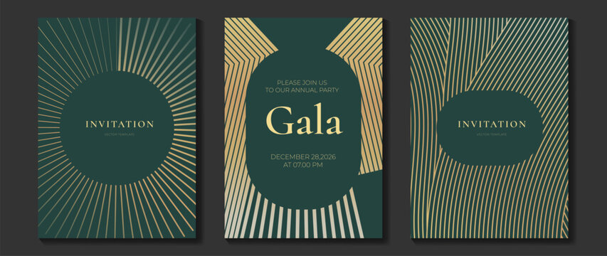 Luxury gala invitation vector card with emerald green and gold geometric line pattern. Elegant art deco design for wedding event celebration print and digital media.