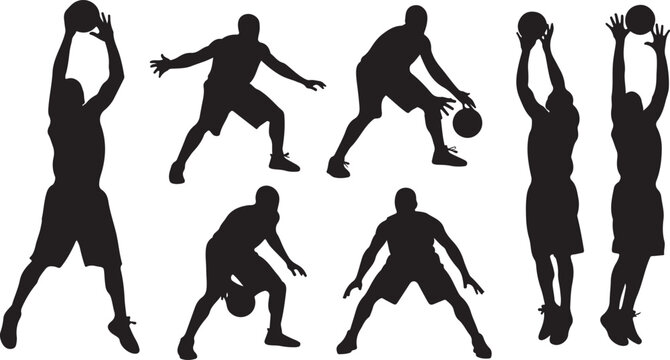 Dynamic silhouettes of basketball players in various action poses
