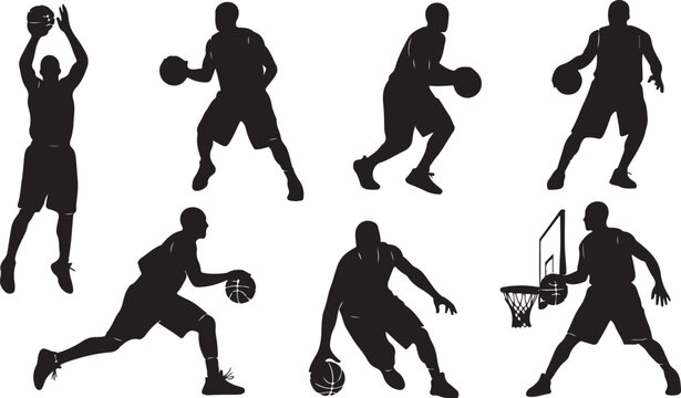 Dynamic silhouettes of basketball players in action showcasing various moves and positions