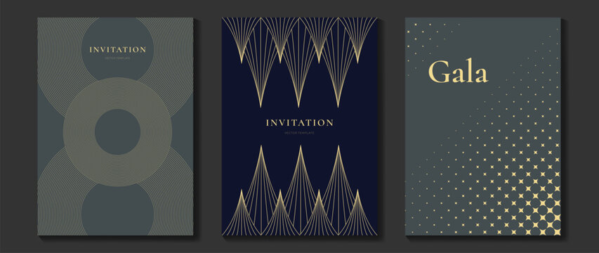 Luxury gala invitation vector card with navy blue and gold abstract geometric lines. Sophisticated elegant design for wedding event announcement and stationery.