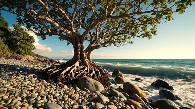 A majestic tree with exposed roots on a y beach by the sea