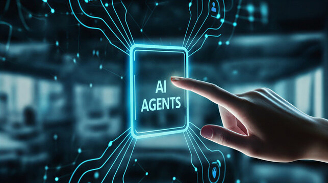 AI agents interactive concept - a human finger touching a glowing digital screen displaying the words AI AGENTS, symbolizing artificial intelligence and future technology