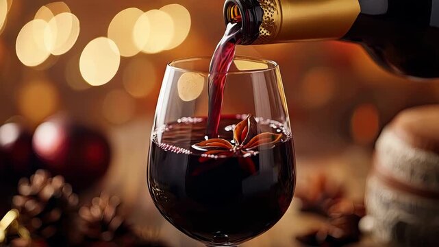 pour mulled wine into a glass. Selective focus