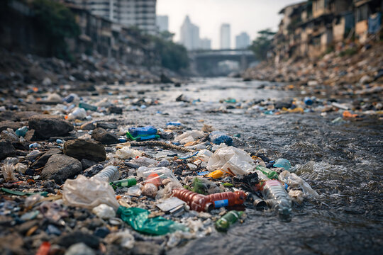 A polluted river full of trash, with buildings in the distance, representing environmental issues.