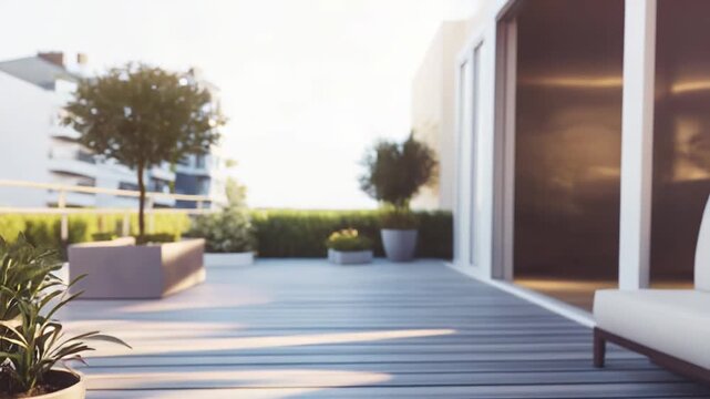 Modern outdoor deck with composite wood planks, potted plants and warm sunlight creating a serene, minimal terrace perfect for relaxing, entertaining, or lifestyle imagery