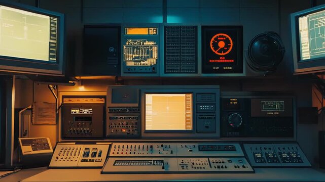 Retrofuturistic technology filling a control room with multiple displays and blinking lights on various interfaces, displaying complex data and system schematics from a bygone era of computing